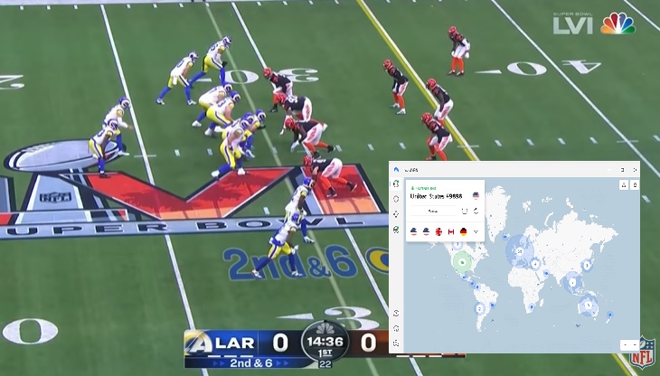 Screenshot of NFL sports stream with NordVPN app over it