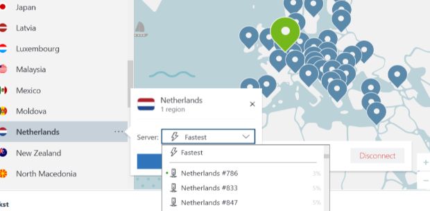 NordVPN interface when connected to Dutch servers.