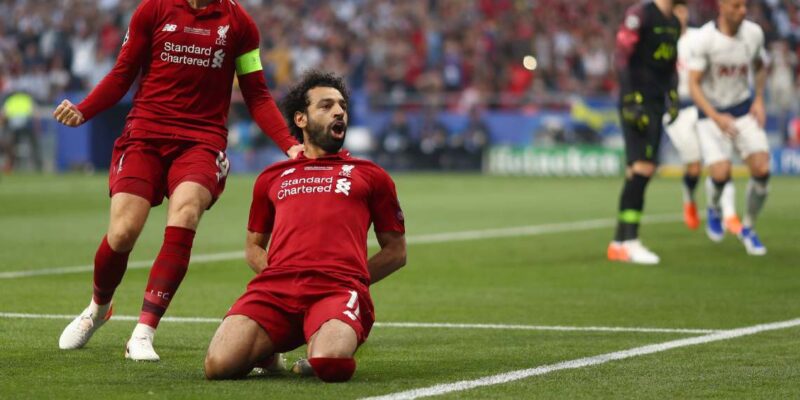 Mohammed Salah of Liverpool celebrating a goal.