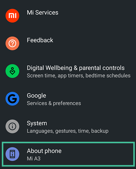 Screenshot of Android phone, settings