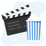 Movie clap and blue box of popcorns icon