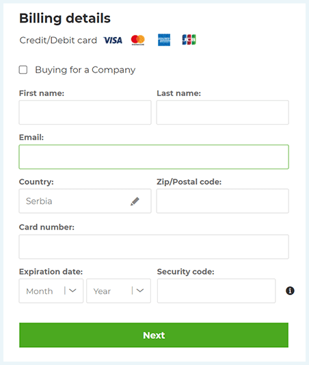 Screenshot of CyberGhost, credit card payment info