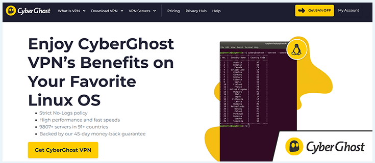 CyberGhost for Linux website page with added logo in the corner