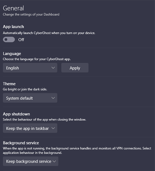 Screenshot of CyberGhost, general settings