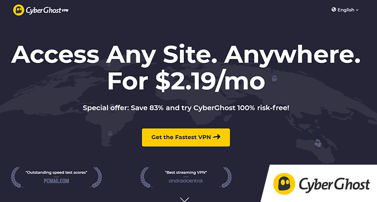 CyberGhost homepage showing a special offer to get 83% off and pay $2.19 per month.