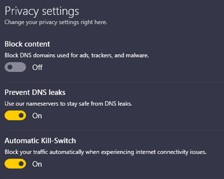 Screenshot of CyberGhost, privacy settings