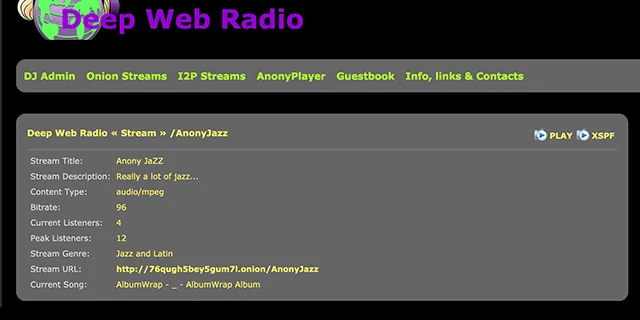 Screenshot of Onion link page Deep Web Radio