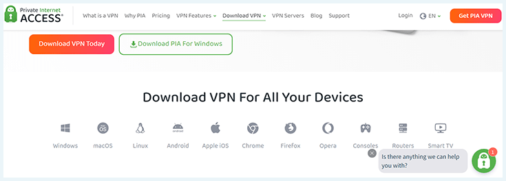Screenshot of PIA, download software