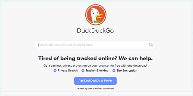 Screenshot of DuckDuckGo search engine, homepage
