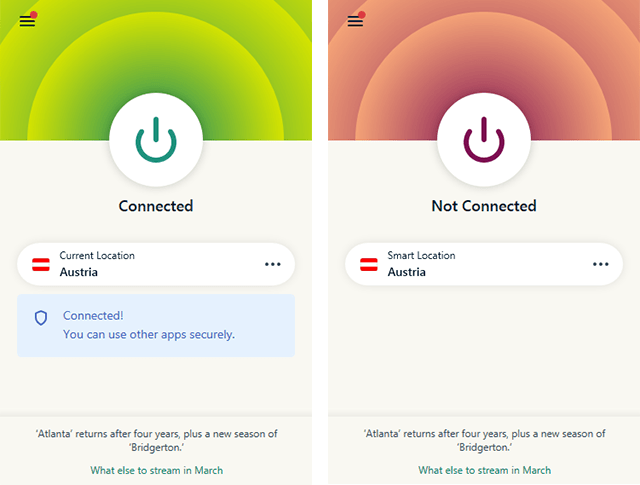 Screenshot of ExpressVPN, client connected, client disconnected