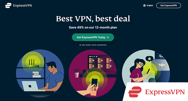 ExpressVPN homepage showing that you can save 49% on the 12-month plan.