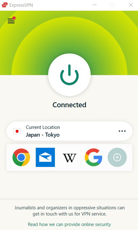 Screenshot of ExpressVPN, Connected to Japan server
