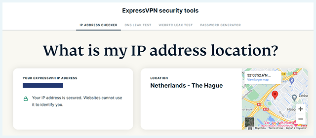 Screenshot of ExpressVPN, on site security tools