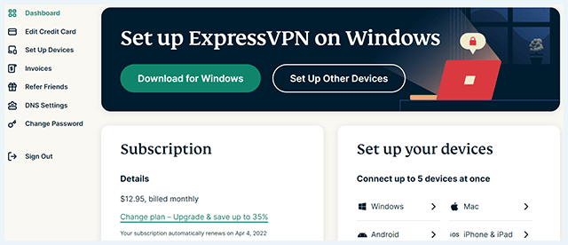Screenshot of ExpressVPN, Personal dashboard