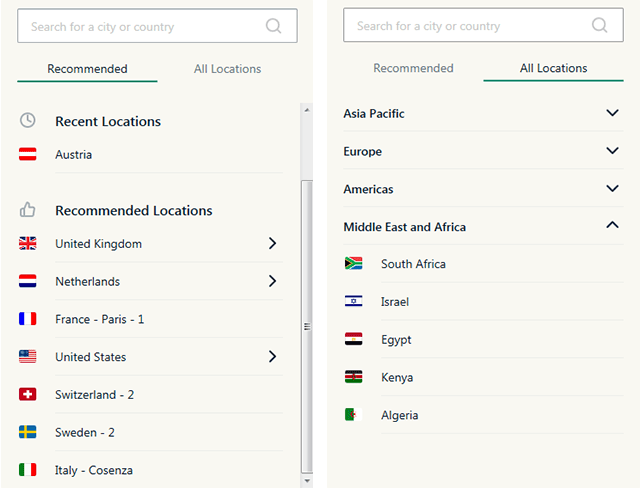 Screenshot of ExpressVPN, Servers and server list continents