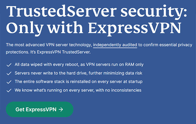 Screenshot of ExpressVPN, Trusted Server website