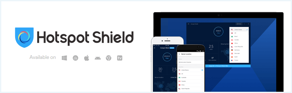 Banner with the Hotspot Shield logo and supported operating systems