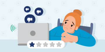Sad woman in front of laptop, thumbs down icons coming out of the screen, bad rating star bar