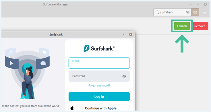 Partial screenshot of Linux Software manager, Launch Surfshark