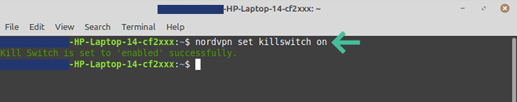 Linux terminal, NordVPN set kill switch on