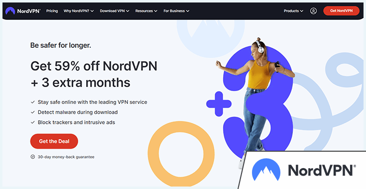 Screenshot of NordVPN website homepage, with added logo in the corner, May 2023