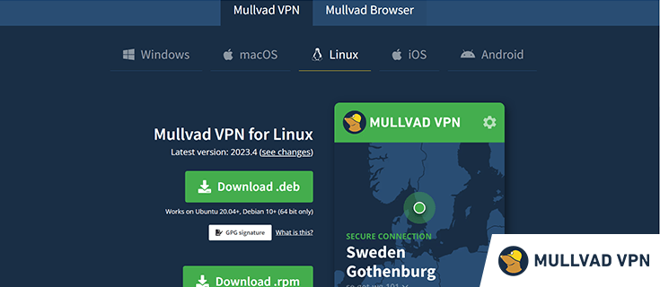 Mullvad VPN for Linux website page with added logo in the corner