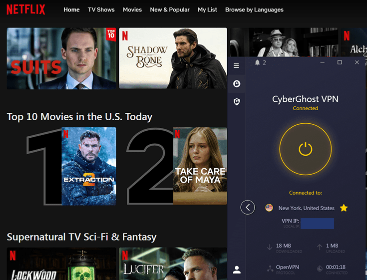 Screenshot of Netflix with CyberGhost VPN connected to US server