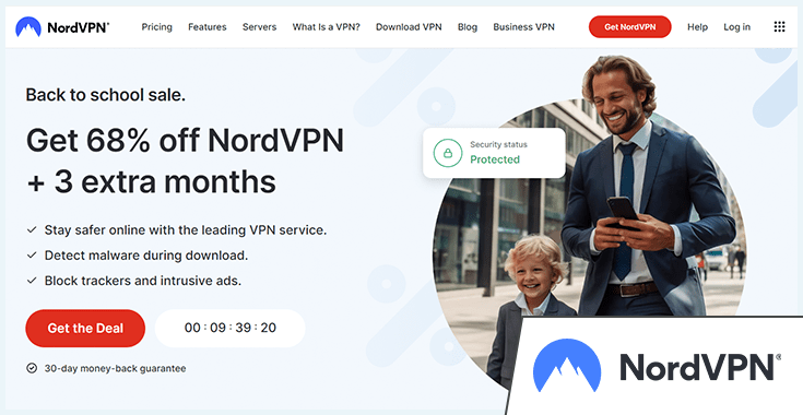 This is an image of the NordVPN homepage showing the 68% off back to school deal.