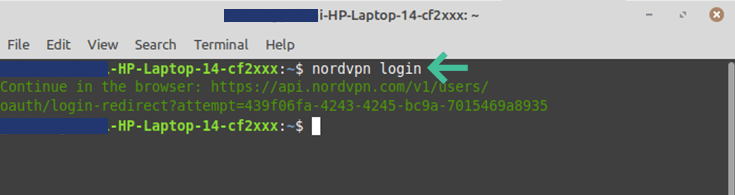 Linux terminal, NordVPN login command