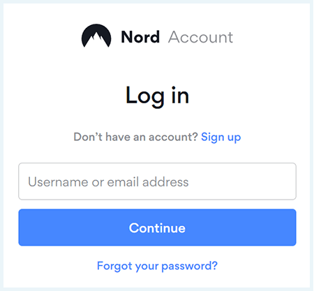 Screenshot of NordVPN, login screen