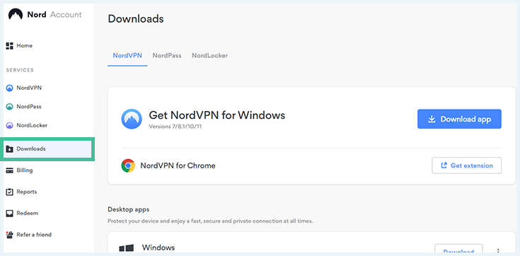 Screenshot of NordVPN, personal dashboard, Downloads section