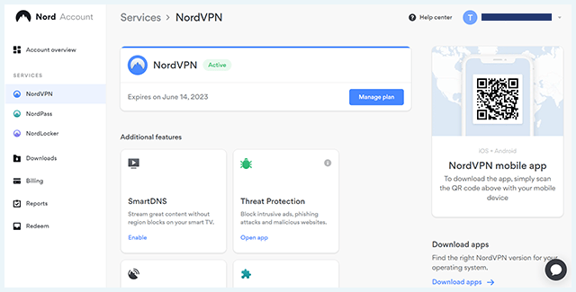 Screenshot of NordVPN, personal dashboard