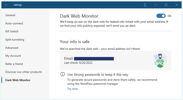 Screenshot of NordVPN, Dark Web monitoring