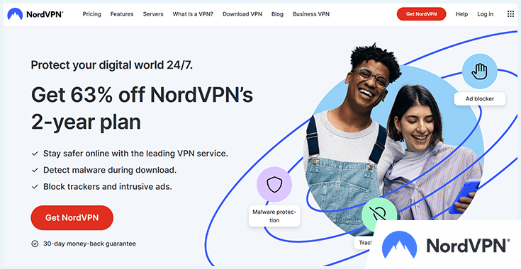 Homepage of a NordVPN website, July 2023