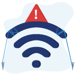 Icon showing tied up Wi-Fi icon with red alert triangle on top