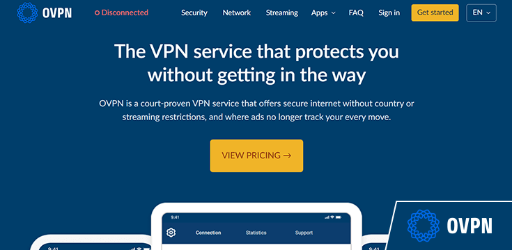 Screenshot of OVPN website homepage with logo added in the corner