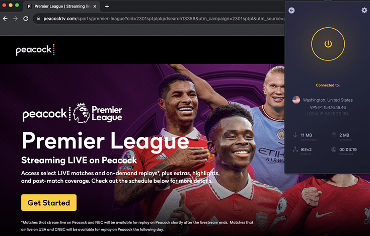 CyberGhost VPN connected to an American server to show it can unblock the Peacock website Premier League page