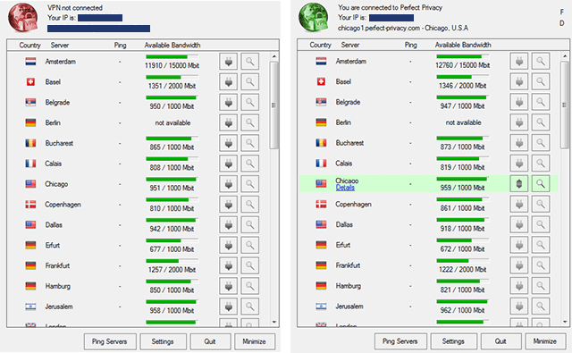 Screenshot of Perfect Privacy VPN, Connected and disconnected window