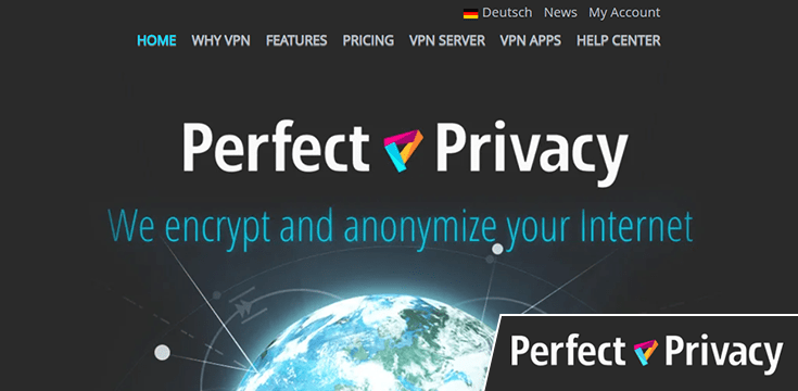 Screenshot of Perfect Privacy, website homepage with added logo in the corner