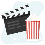 Movie clap and red box of popcorns icon