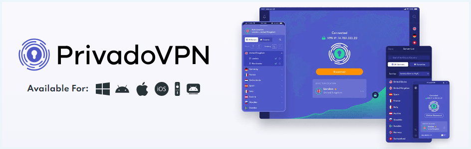 Banner with the PrivadoVPN logo and supported operating systems