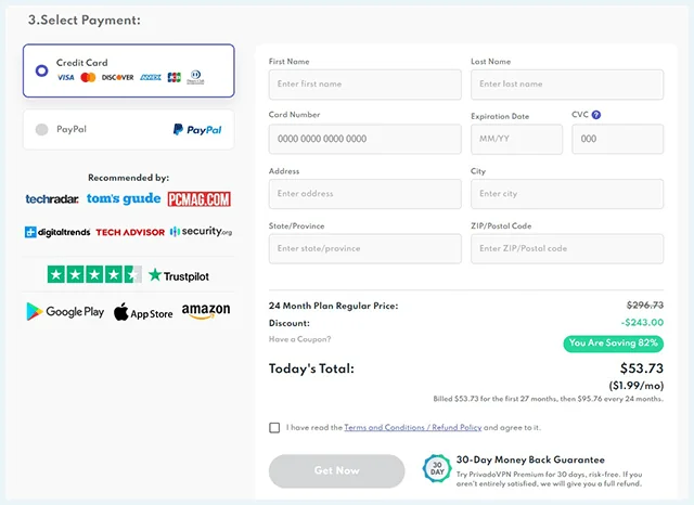 Screenshot of PrivadoVPN, Payment screen