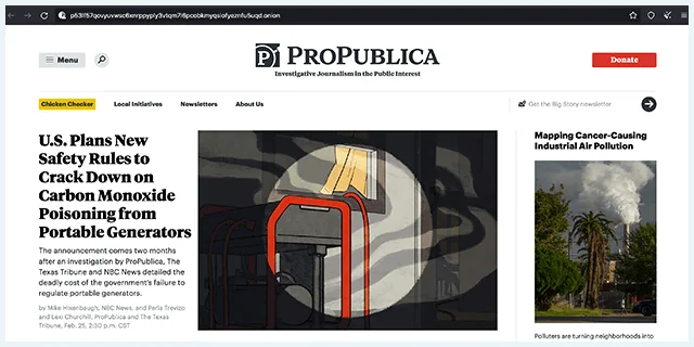 Screenshot of Onion link page ProPublica