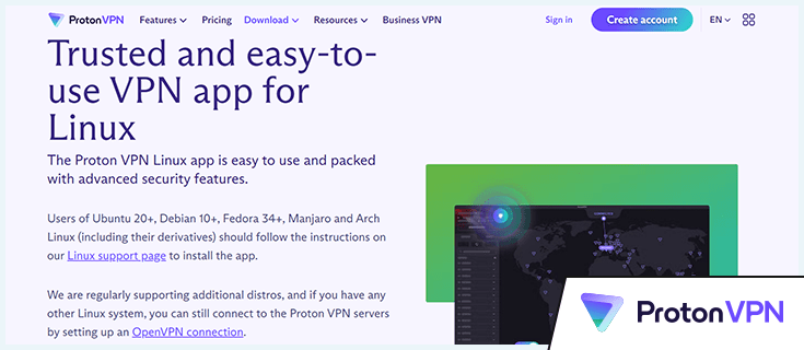 VPN app for Linux, Proton VPN website page with added logo in the corner