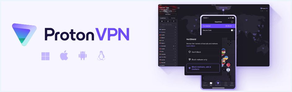 Banner with the ProtonVPN logo and supported operating systems