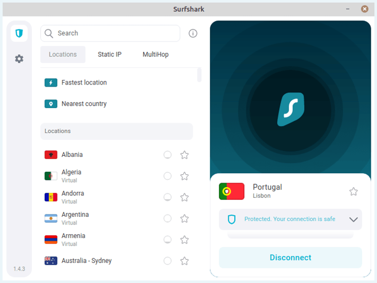 Surfshark interface, client connected to Portugal server