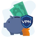 Icon showing piggy bank and some cash around and VPN shield icon