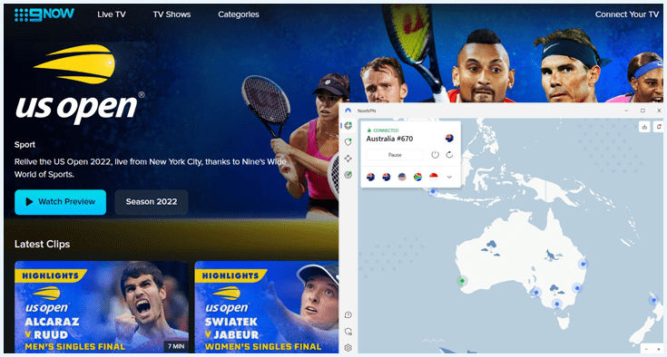 NordVPN connected to a VPN server in Australia with the 9Now website working in the background showing the US Open page