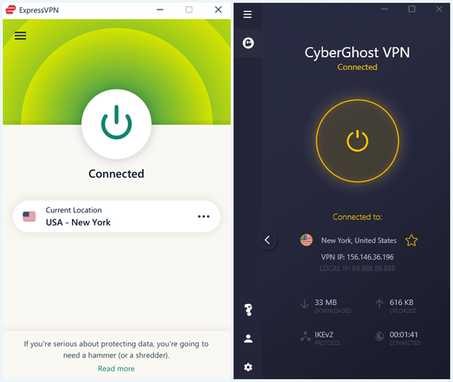 ExpressVPN and CyberGhost VPN client software side by side