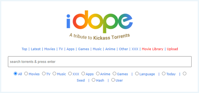 Homepage of the torrent website iDope
